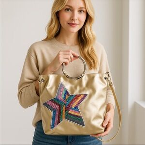 T-Shirt & Jeans Gold Metallic Star Tote Bag Ring Handles Purse Y2K sparkle disco